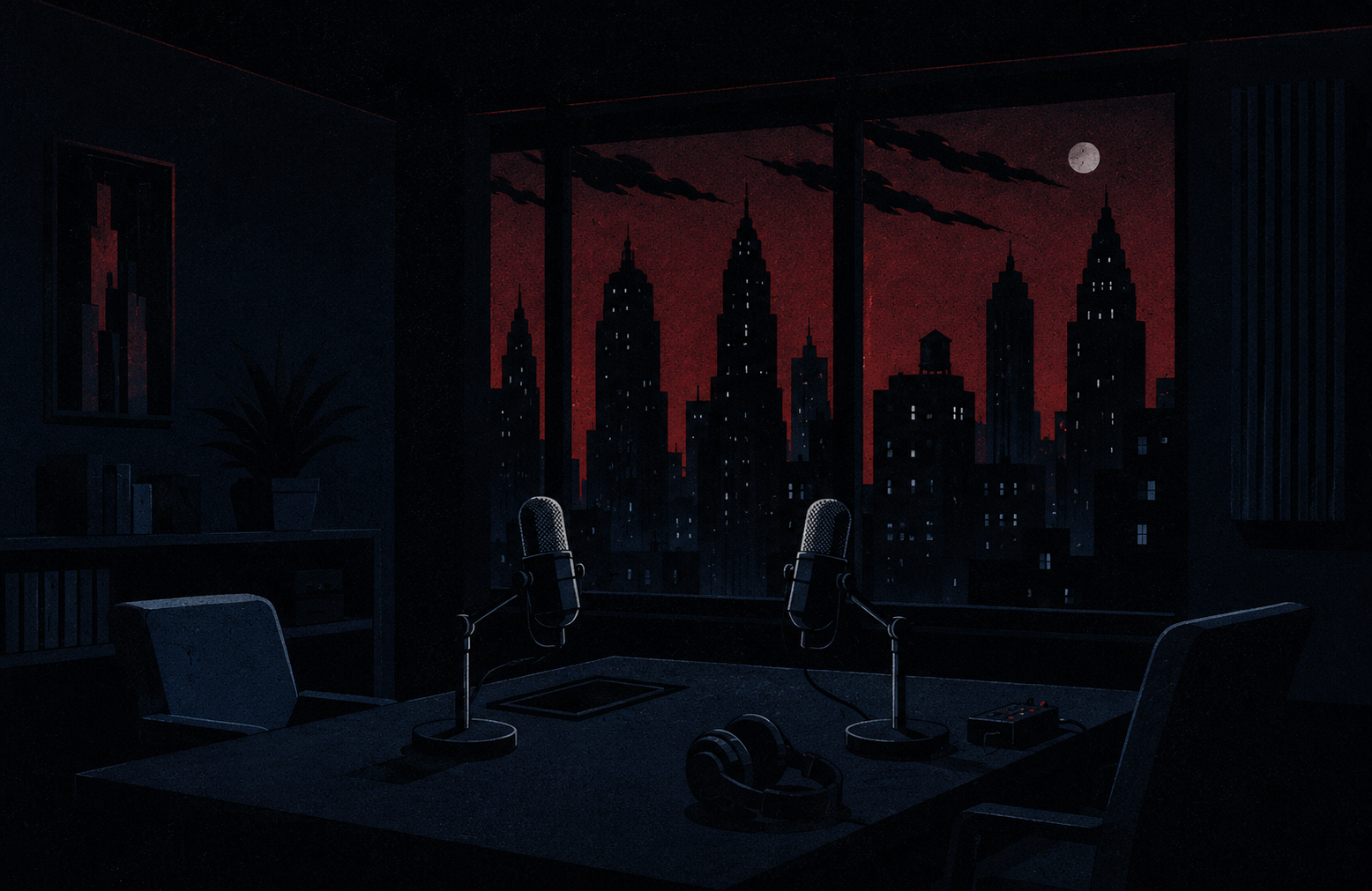 A dark studio at night, a desk before a window of red-skyed city towers and a pale moon