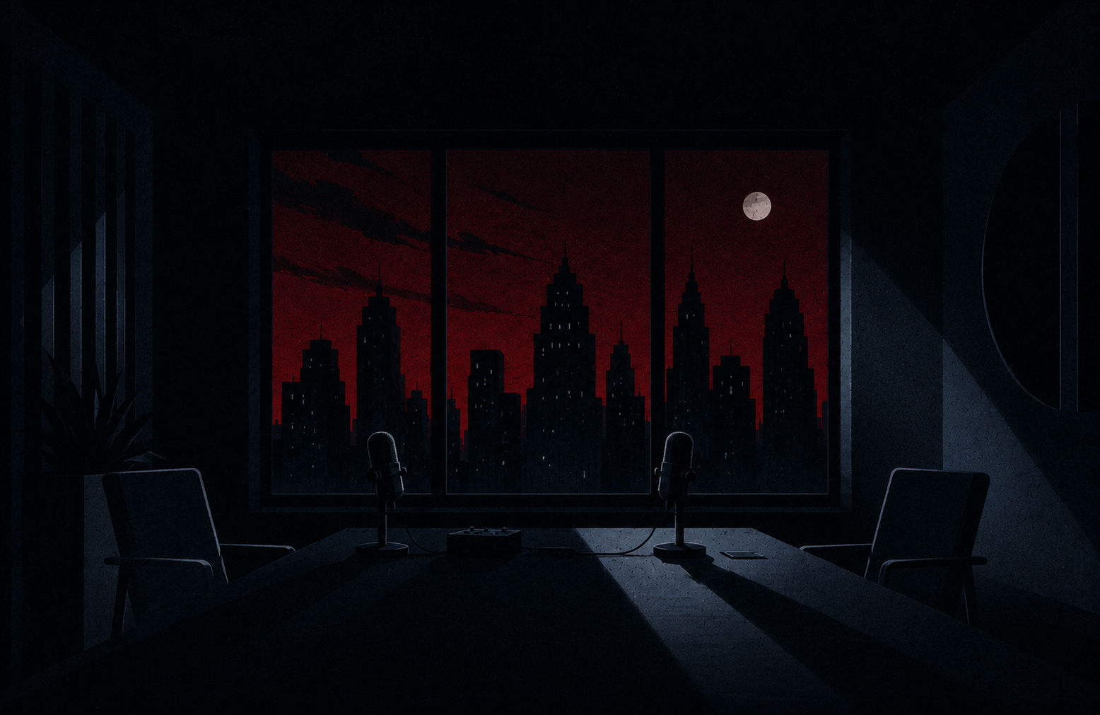 A serious media room: two chairs and two microphones before a wide window of red-skyed towers and a moon