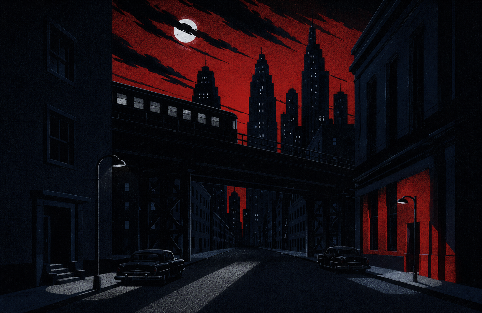 A deserted city street at night under an elevated train, red sky and a pale moon above Art Deco towers