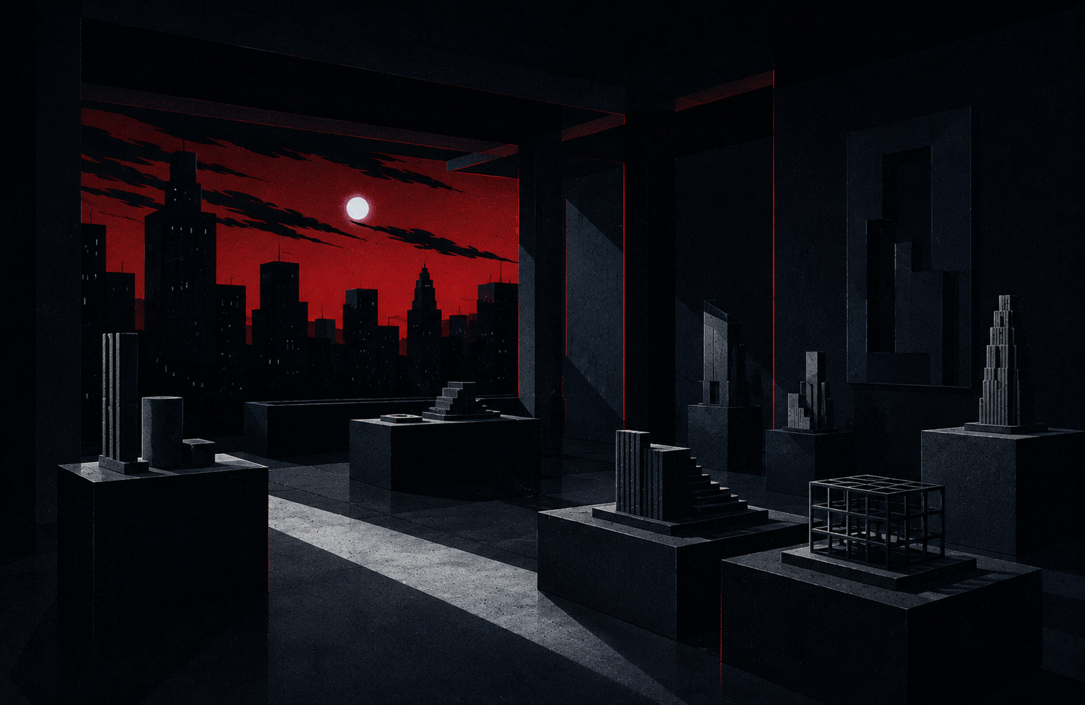 A dark gallery of grey architectural city models on plinths, a wide window opening onto a red-skyed skyline and a pale moon