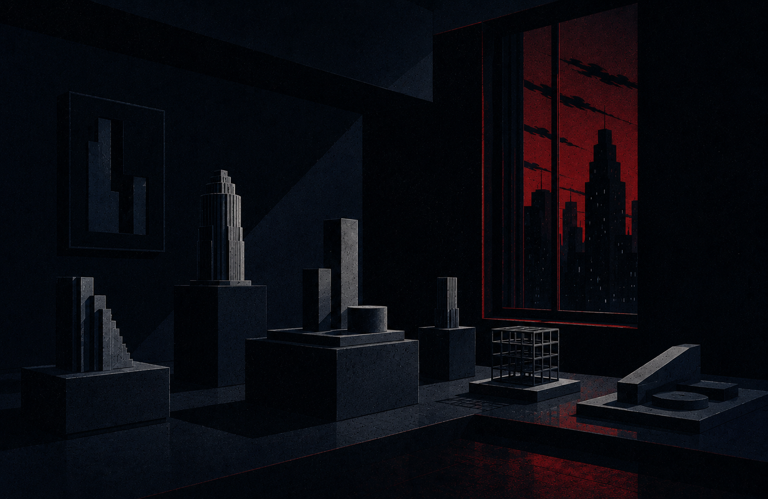 A dark gallery of grey architectural models, a tall window of red-skyed towers to one side