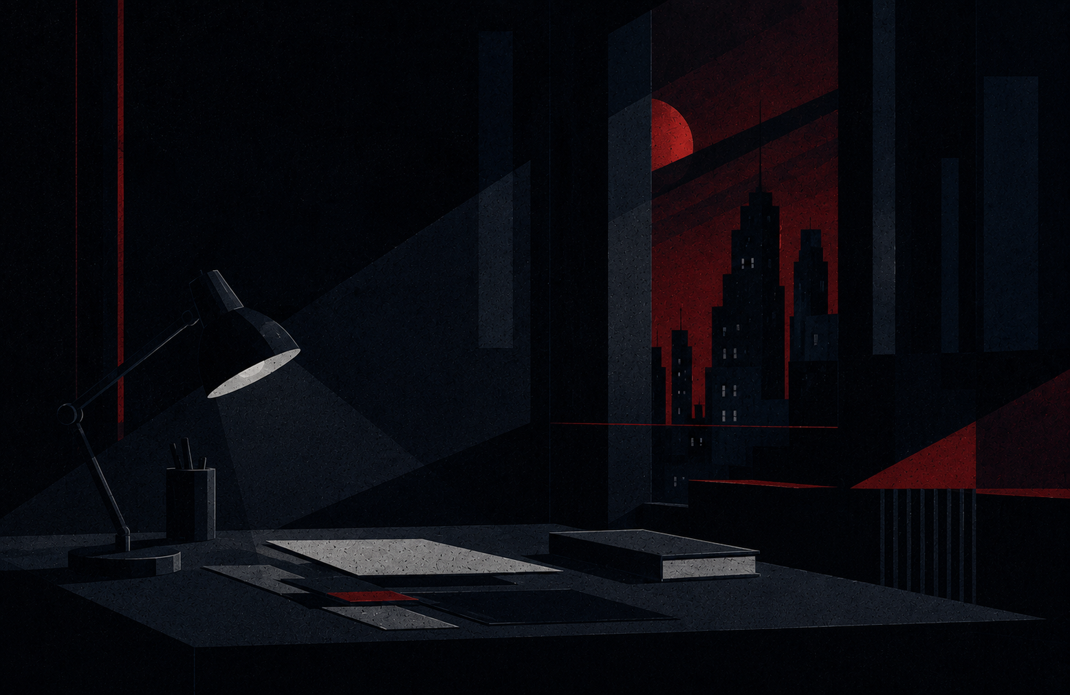 An Art Deco study at night, a desk lamp throwing a sharp cone of light over papers, a red sun behind angular towers