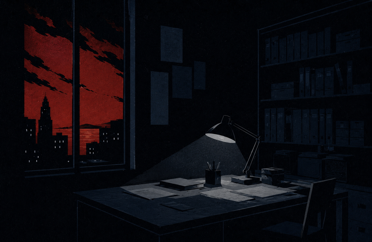A late-night research desk under a lamp with a wall of binders and boxes, a red city window to the left