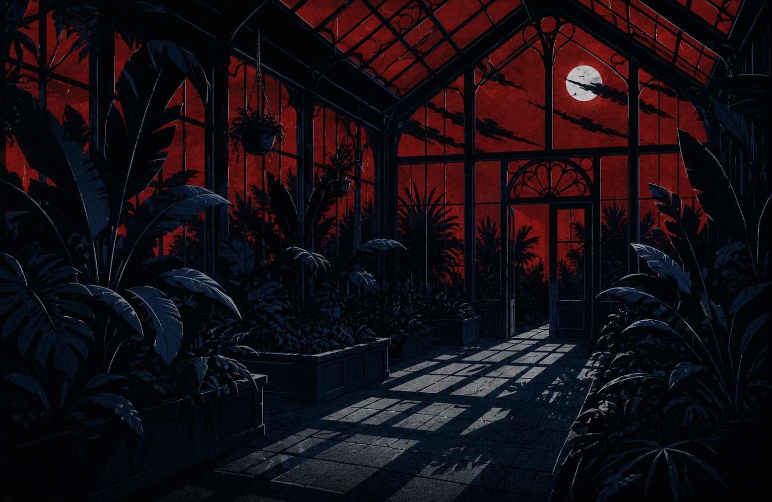 A dark glasshouse of silhouetted plants under a red sky and a bright moon through the glass roof