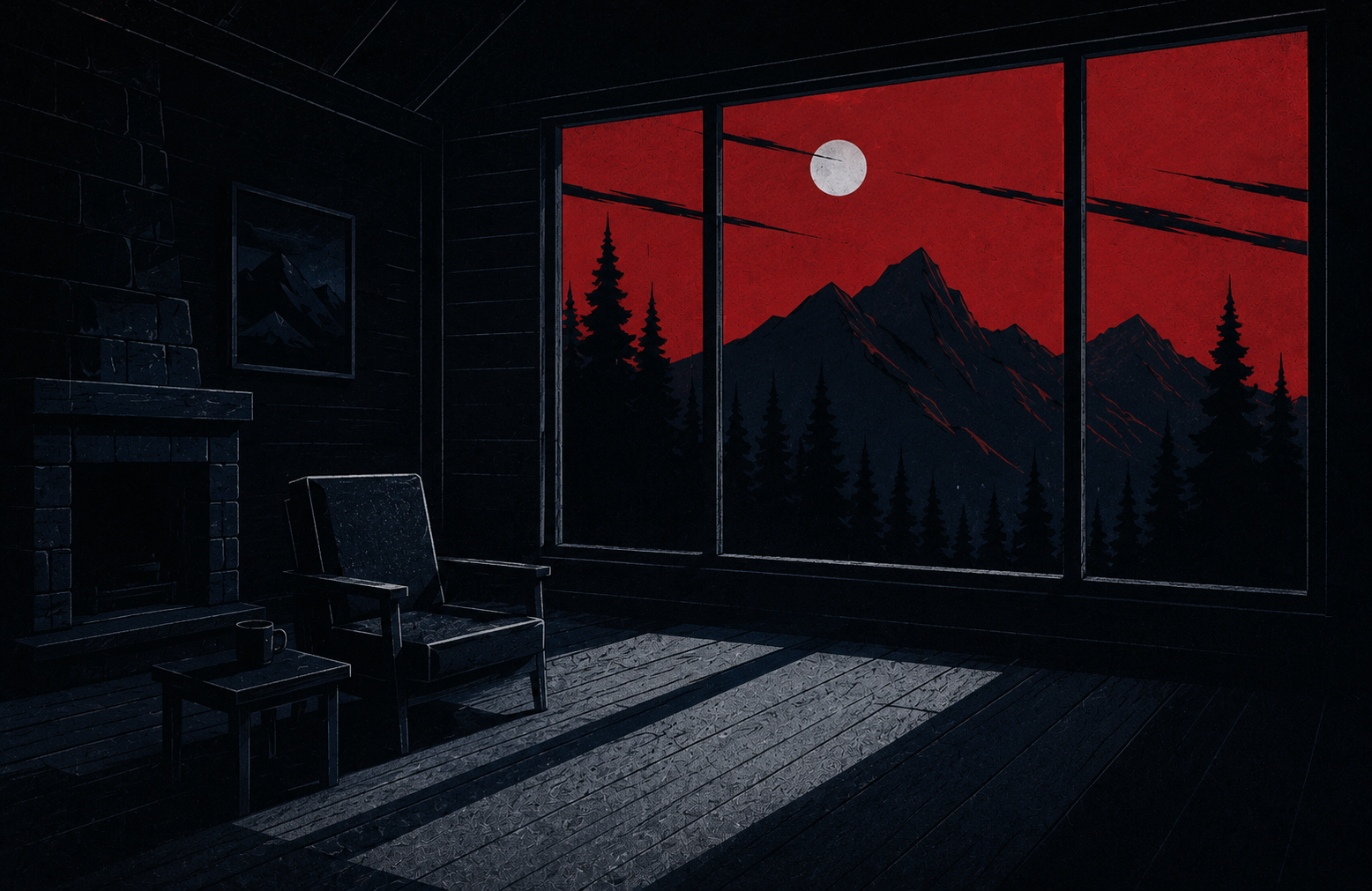A dark cabin interior at night, an armchair by a fireplace facing a wide window of red-skyed mountains and a moon