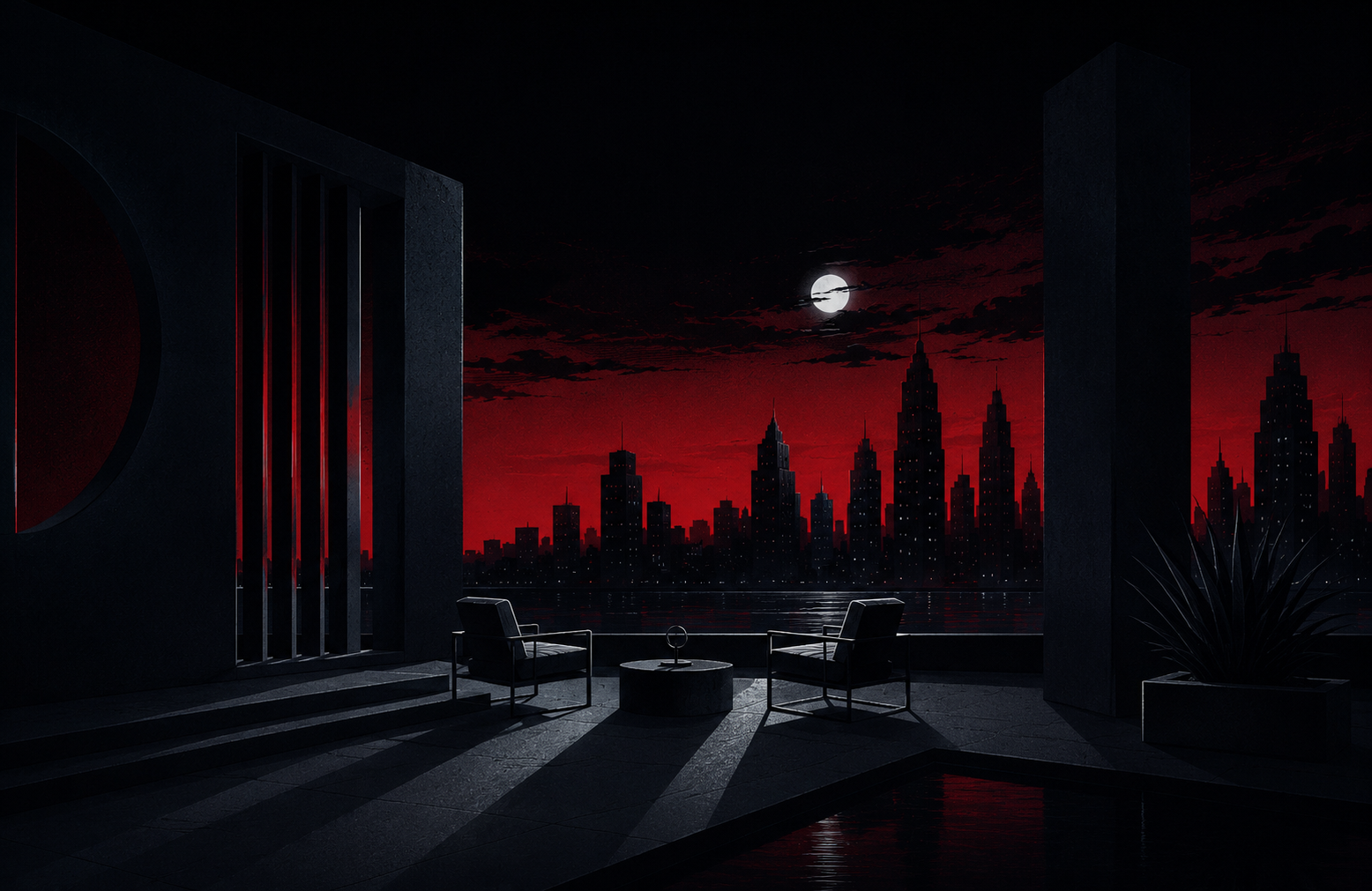 A calm rooftop terrace at night, two chairs and a low table facing a red-skyed skyline, moon over still water