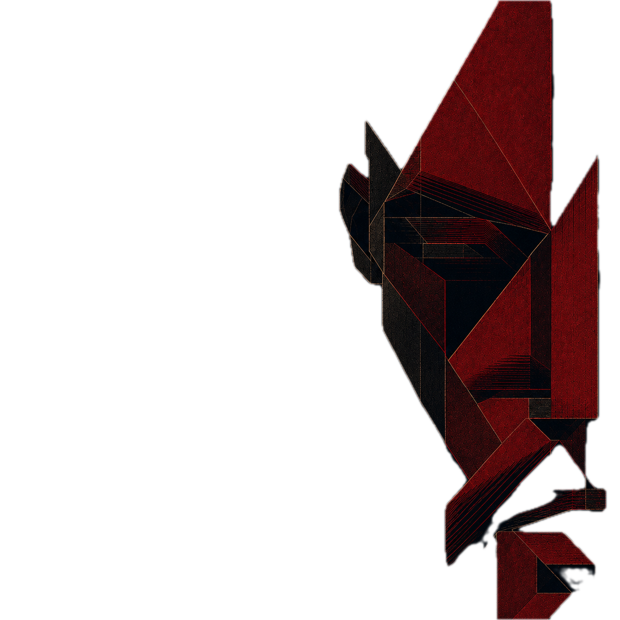 An abstract geometric portrait of Dren Hima rendered in deep-red and black facets, a profile built like architecture